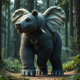 A realistic hybrid creature combining features of a bear and an elephant