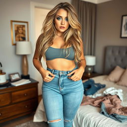 A full-length photograph of a beautiful and curvy young woman with very thick, long, messy dirty blond hair and striking crystal blue eyes