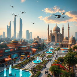 A futuristic view of Iran in the year 1430, showcasing a blend of advanced technology and cultural heritage