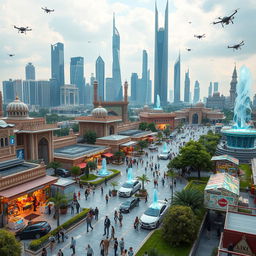A futuristic view of Iran in the year 1430, showcasing a blend of advanced technology and cultural heritage