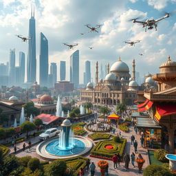 A futuristic view of Iran in the year 1430, showcasing a blend of advanced technology and cultural heritage