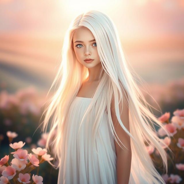 A beautiful girl with long flowing white hair, standing in a serene environment, surrounded by soft pastel-colored flowers