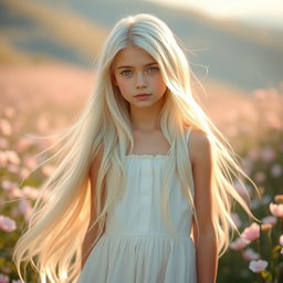 A beautiful girl with long flowing white hair, standing in a serene environment, surrounded by soft pastel-colored flowers