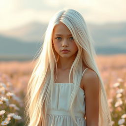 A beautiful girl with long flowing white hair, standing in a serene environment, surrounded by soft pastel-colored flowers