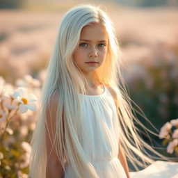 A beautiful girl with long flowing white hair, standing in a serene environment, surrounded by soft pastel-colored flowers