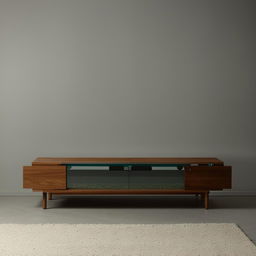 A simple yet elegant TV unit with glass partition on both sides, reflecting a minimalist aesthetic.