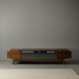 A simple yet elegant TV unit with glass partition on both sides, reflecting a minimalist aesthetic.