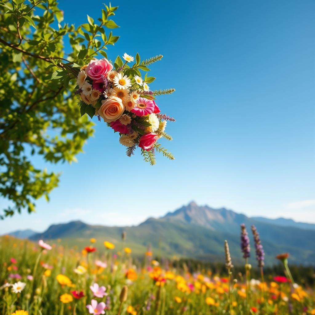 A serene, idyllic scene showcasing a beautiful landscape filled with vibrant wildflowers under a clear blue sky