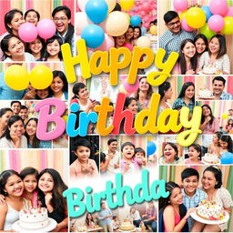 A vibrant, joyful photo collage celebrating a happy birthday