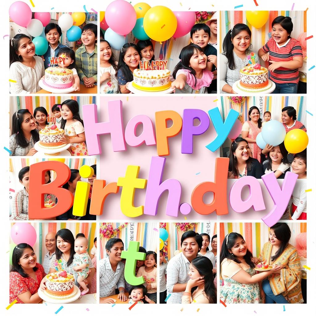 A vibrant, joyful photo collage celebrating a happy birthday