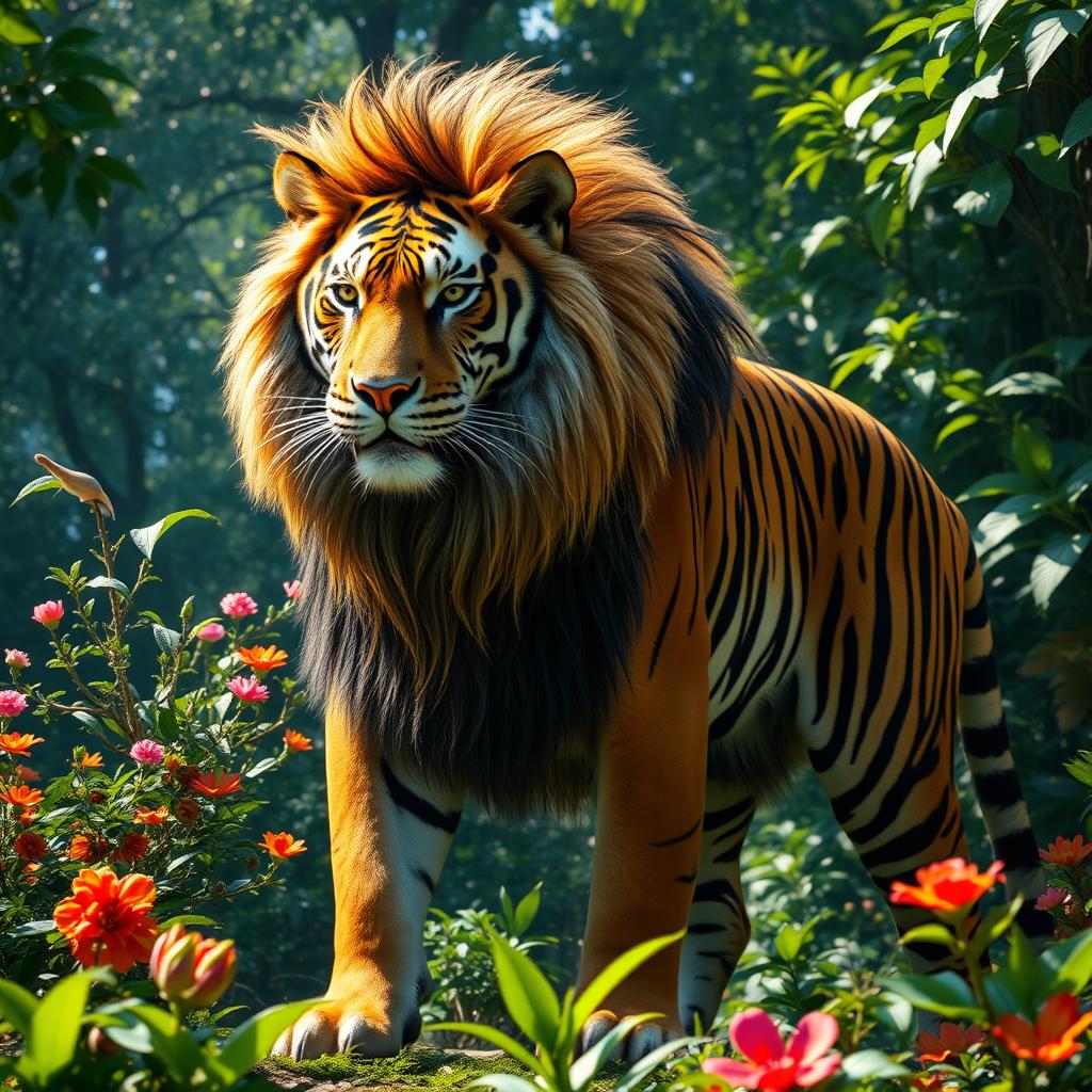 A stunning and realistic combination of a tiger and a lion, showcasing a powerful hybrid creature with the majestic mane of a lion flowing seamlessly into the sleek and vivid stripes of a tiger