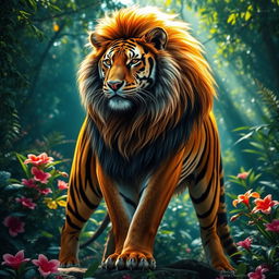A stunning and realistic combination of a tiger and a lion, showcasing a powerful hybrid creature with the majestic mane of a lion flowing seamlessly into the sleek and vivid stripes of a tiger