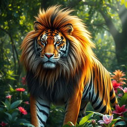 A stunning and realistic combination of a tiger and a lion, showcasing a powerful hybrid creature with the majestic mane of a lion flowing seamlessly into the sleek and vivid stripes of a tiger