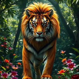 A stunning and realistic combination of a tiger and a lion, showcasing a powerful hybrid creature with the majestic mane of a lion flowing seamlessly into the sleek and vivid stripes of a tiger