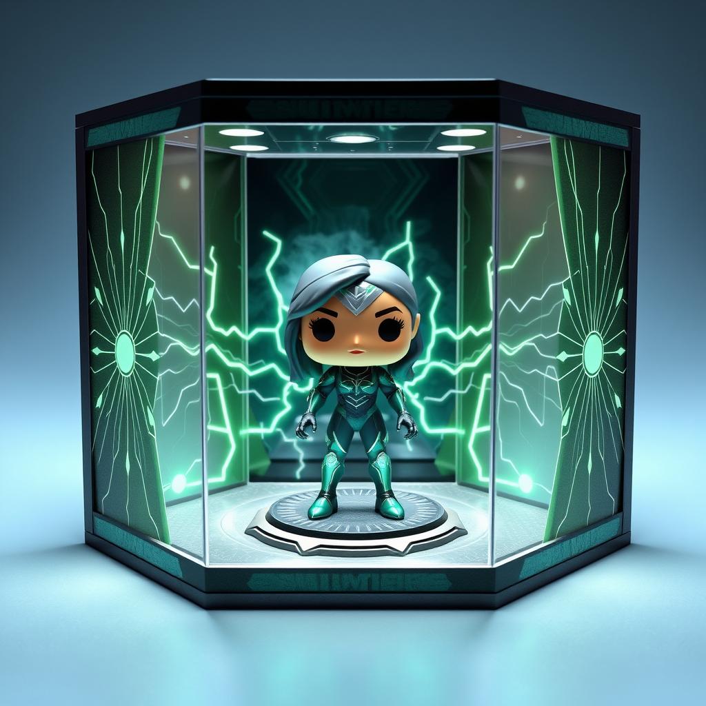 A closed five-sided display box, featuring a transparent glass front, showcasing a beautifully presented Polaris (X-Men) Funko Pop at the center