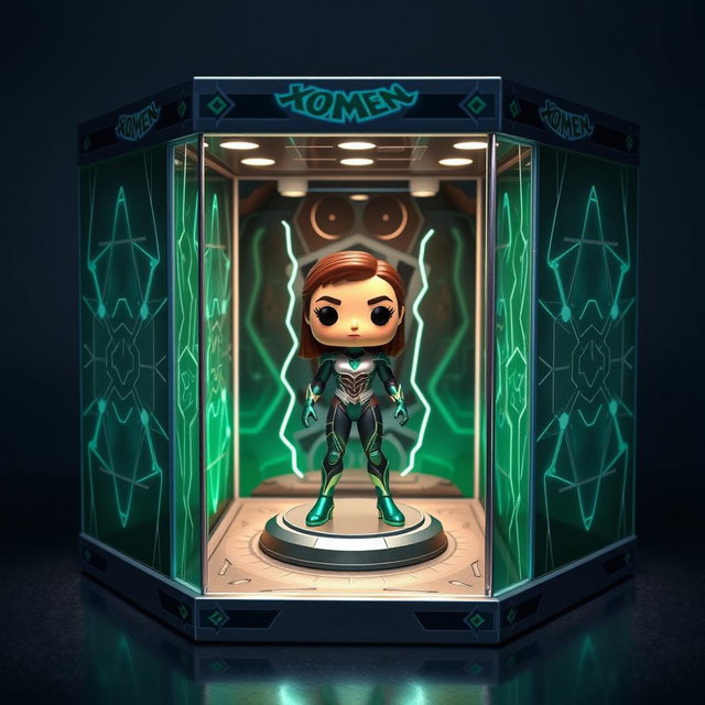 A closed five-sided display box, featuring a transparent glass front, showcasing a beautifully presented Polaris (X-Men) Funko Pop at the center