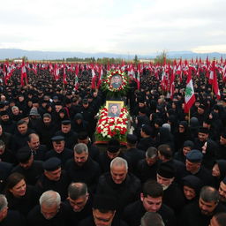 A somber and respectful scene depicting Hassan Nasrallah's funeral in Lebanon