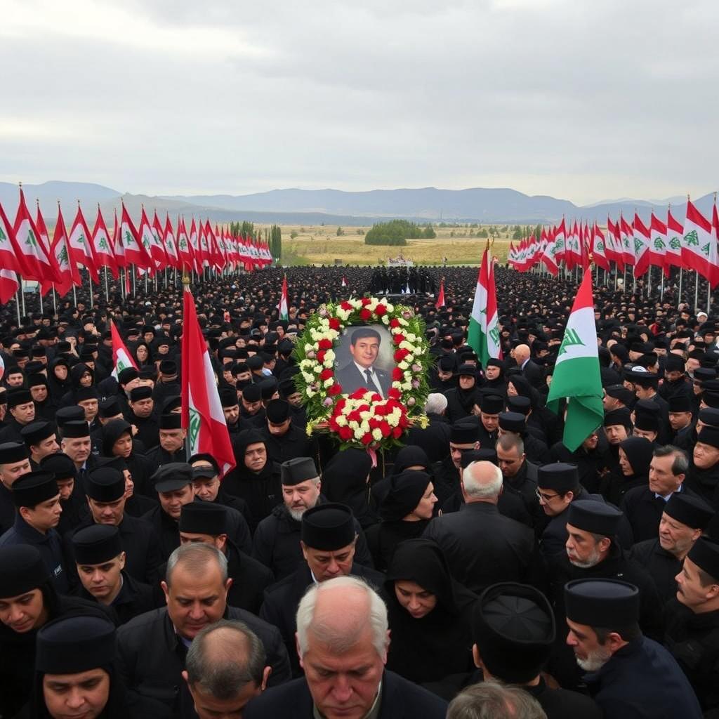 A somber and respectful scene depicting Hassan Nasrallah's funeral in Lebanon