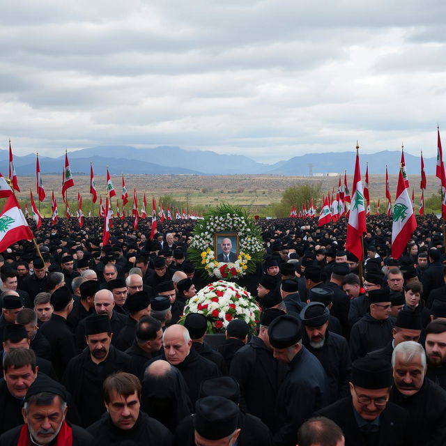A somber and respectful scene depicting Hassan Nasrallah's funeral in Lebanon