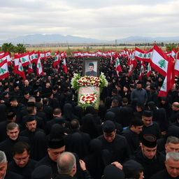 A somber and respectful scene depicting Hassan Nasrallah's funeral in Lebanon