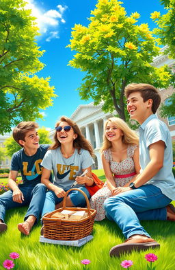 A vibrant digital painting capturing the joyful scene of four college friends, two boys and two girls, laughing and enjoying their life on a sunny college campus