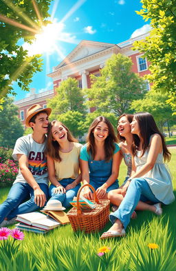A vibrant digital painting capturing the joyful scene of four college friends, two boys and two girls, laughing and enjoying their life on a sunny college campus