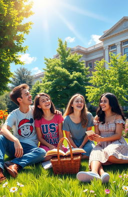 A vibrant digital painting capturing the joyful scene of four college friends, two boys and two girls, laughing and enjoying their life on a sunny college campus