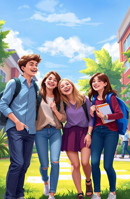 A vibrant digital painting illustrating a joyful moment among four college friends, two boys and two girls