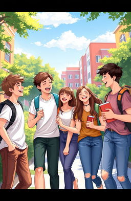A vibrant digital painting illustrating a joyful moment among four college friends, two boys and two girls