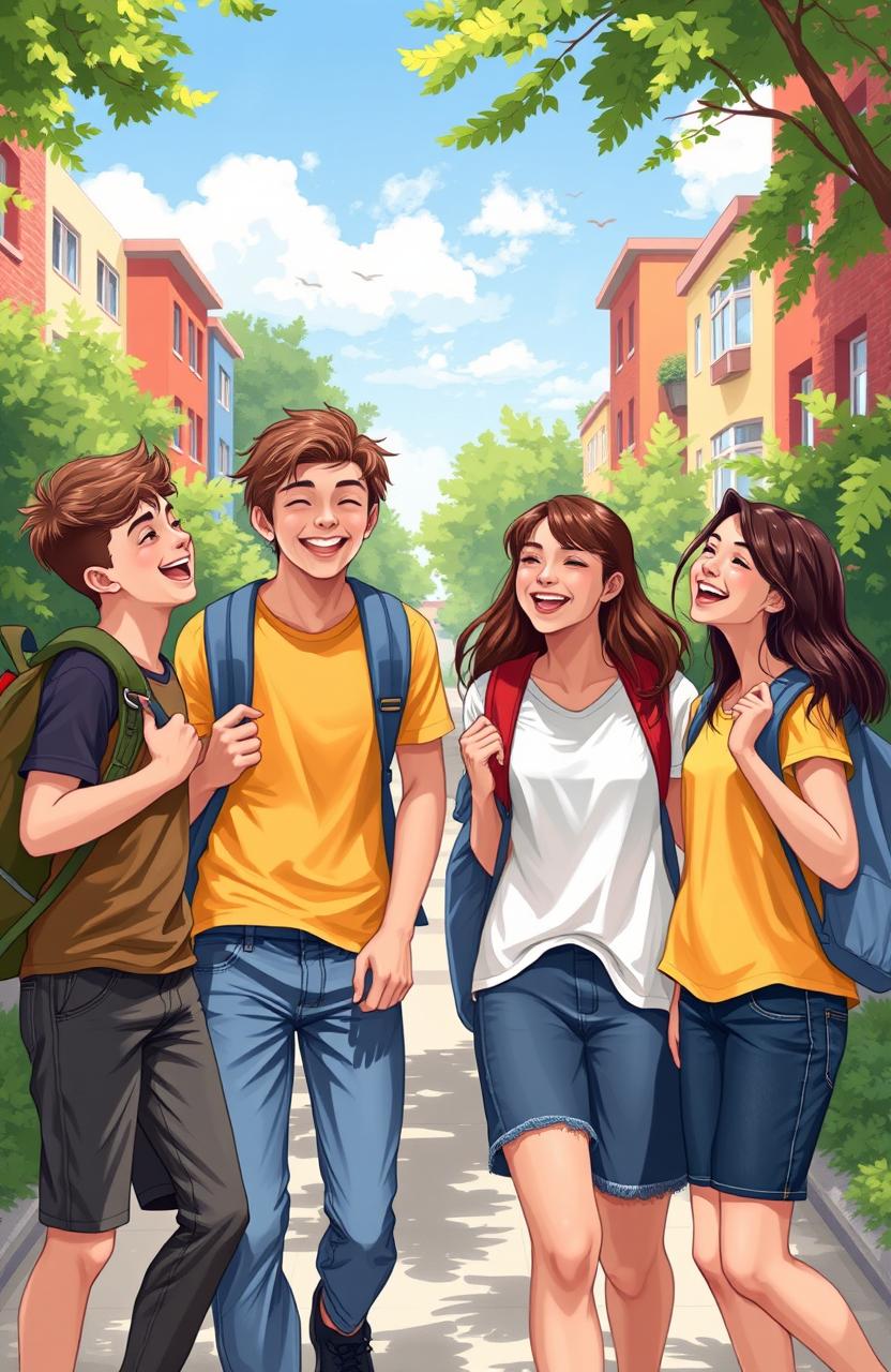 A vibrant digital painting illustrating a joyful moment among four college friends, two boys and two girls