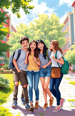 A vibrant digital painting illustrating a joyful moment among four college friends, two boys and two girls