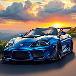A stunning, highly detailed illustration of a Toyota Supra MK4 sports car, showcasing its iconic sleek design, bold lines, and aerodynamic shape