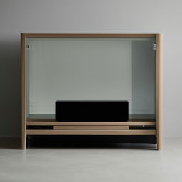 A simple yet elegant TV unit with glass partition on both sides, reflecting a minimalist aesthetic.