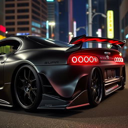 A sleek Toyota Supra MK4, featuring a powerful 2JZ-GTE turbo engine, showcases a stunning full body kit