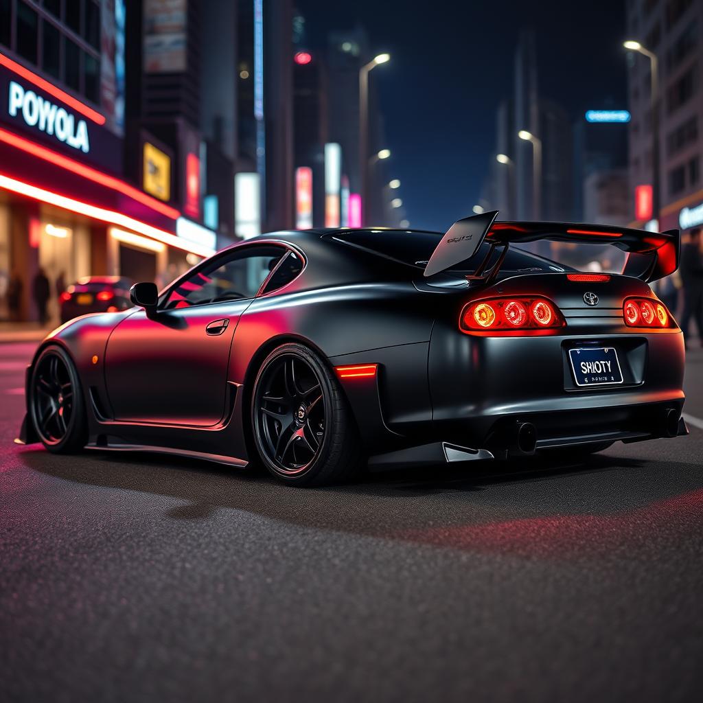 A sleek Toyota Supra MK4, featuring a powerful 2JZ-GTE turbo engine, showcases a stunning full body kit