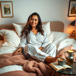 A beautiful Latina woman in comfortable pajamas, lounging on a cozy bed surrounded by soft pillows and warm blankets