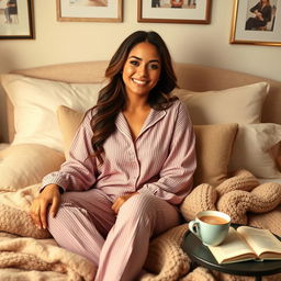 A beautiful Latina woman in comfortable pajamas, lounging on a cozy bed surrounded by soft pillows and warm blankets