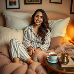 A beautiful Latina woman in comfortable pajamas, lounging on a cozy bed surrounded by soft pillows and warm blankets