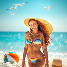 A cute and hot young woman in a playful beach setting, with sun-kissed skin and a bright, cheerful smile