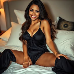 A sexy Latina woman in stylish, form-fitting pajamas that accentuate her curves, playfully lounging on a bed
