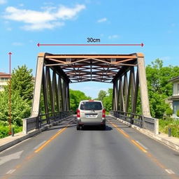 A detailed image of a bridge that is 2 meters high and 30 centimeters wide, designed for vehicles to cross over it