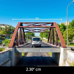A detailed image of a bridge that is 2 meters high and 30 centimeters wide, designed for vehicles to cross over it