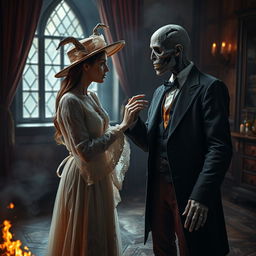 A scene set in the early 17th century featuring a woman dressed in an elegant lace transparent robe complemented by a stylish hat, standing in a room filled with a fiery atmosphere