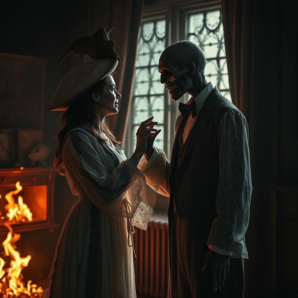 A scene set in the early 17th century featuring a woman dressed in an elegant lace transparent robe complemented by a stylish hat, standing in a room filled with a fiery atmosphere
