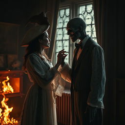 A scene set in the early 17th century featuring a woman dressed in an elegant lace transparent robe complemented by a stylish hat, standing in a room filled with a fiery atmosphere