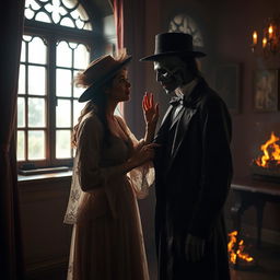 A scene set in the early 17th century featuring a woman dressed in an elegant lace transparent robe complemented by a stylish hat, standing in a room filled with a fiery atmosphere