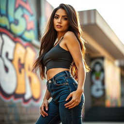 A stunning Latina woman wearing high-cut, tight jeans that fit her curves perfectly, paired with a stylish crop top that showcases her toned midriff
