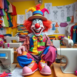 A whimsical tailor clown, joyfully crafting colorful costumes in a bright, cheerful workshop filled with fabrics and threads
