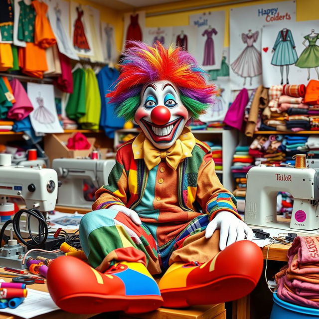 A whimsical tailor clown, joyfully crafting colorful costumes in a bright, cheerful workshop filled with fabrics and threads
