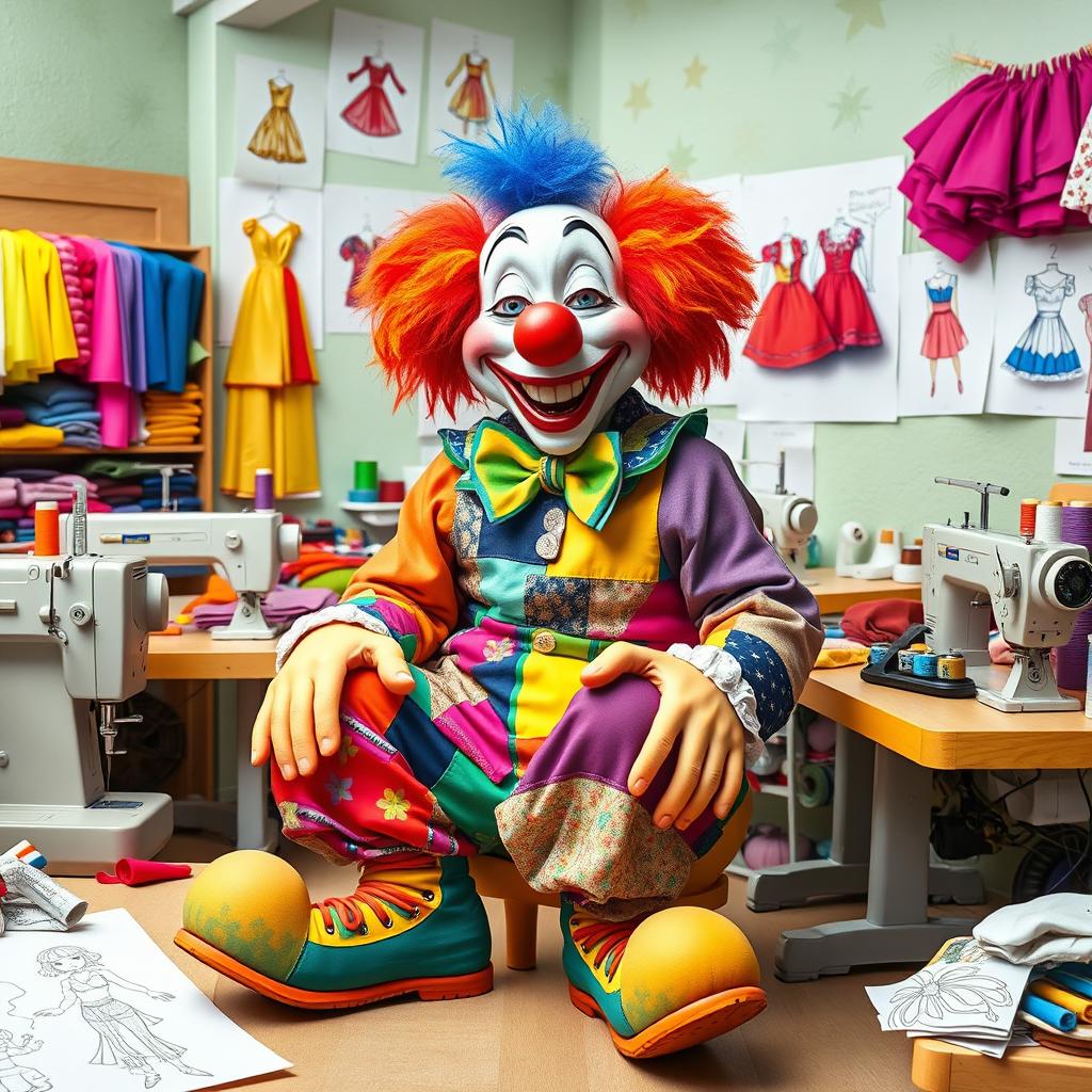 A whimsical tailor clown, joyfully crafting colorful costumes in a bright, cheerful workshop filled with fabrics and threads